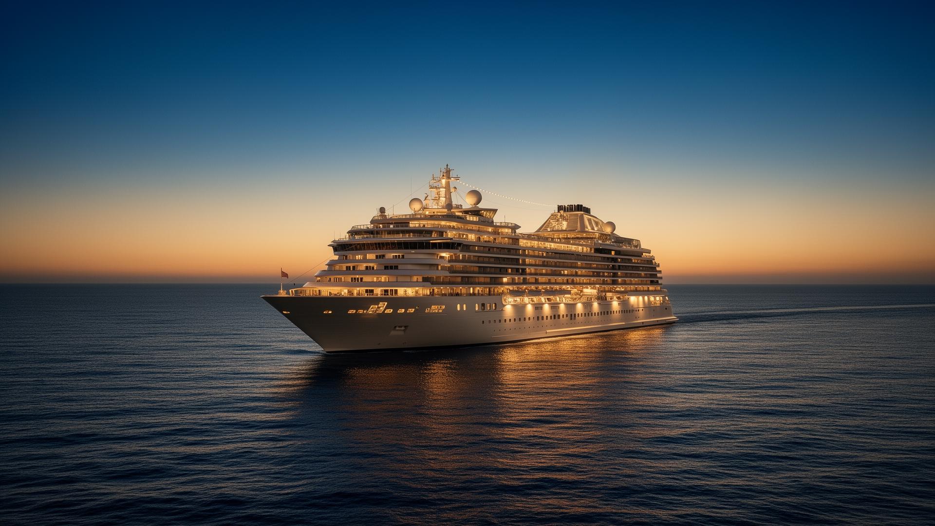 Navio Regent Seven Seas iluminado ao entardecer em mar calmo
