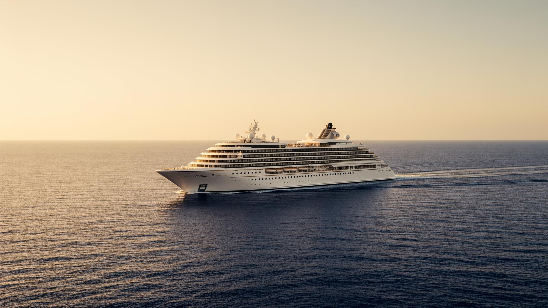 Navio de cruzeiro Regent Seven Seas em mar aberto ao entardecer